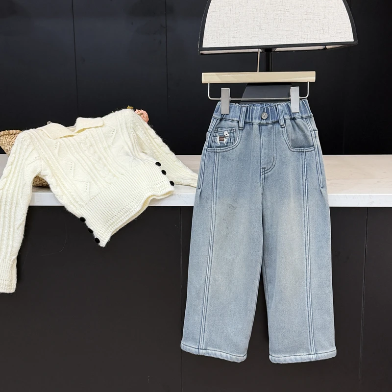 【现货】leomama女童加绒牛仔裤秋冬25新款儿童一体绒加厚冬装裤子