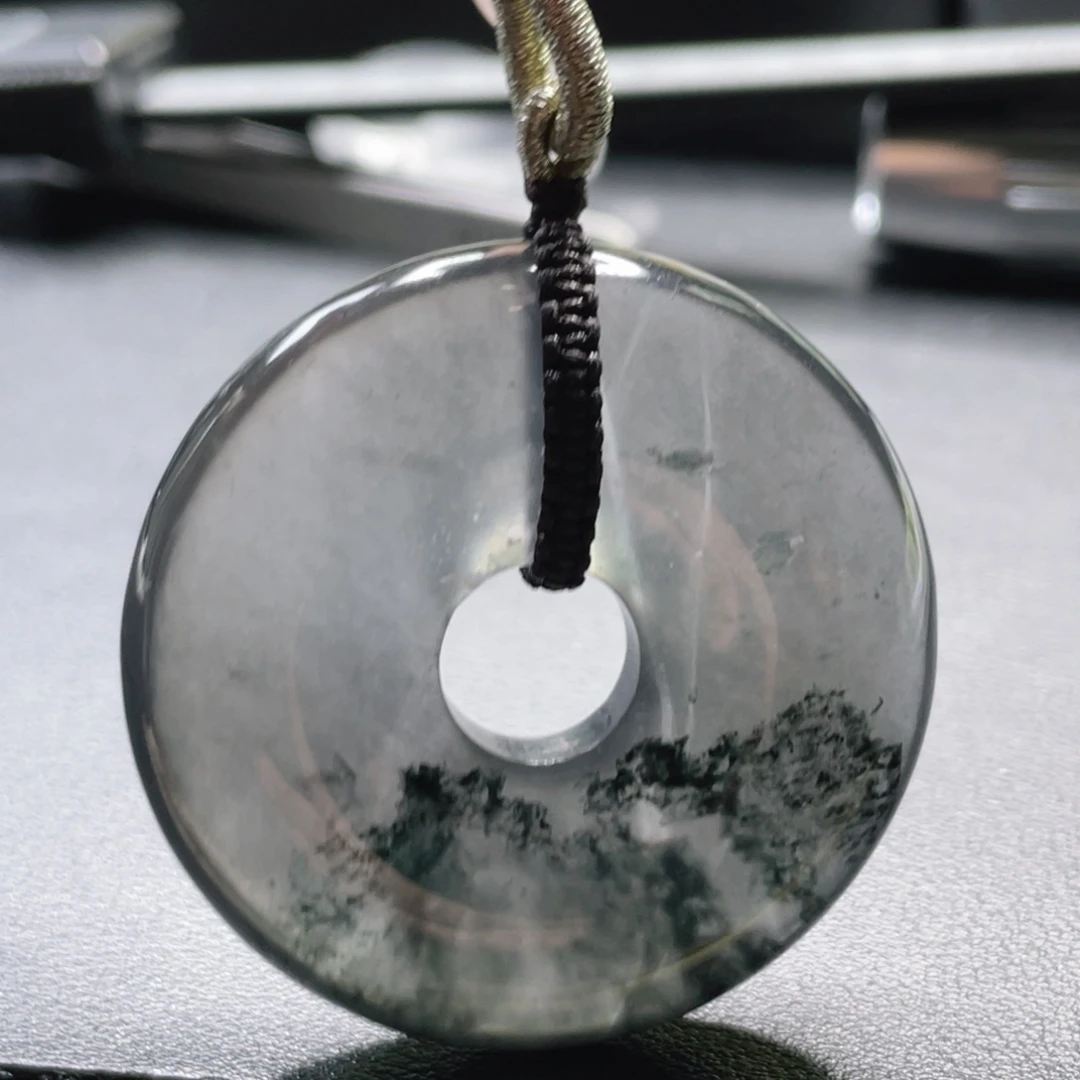 石英质玉未镶嵌吊坠(赠链)巨大平安扣卡51*12黑钢玻璃种飘乌鸡花