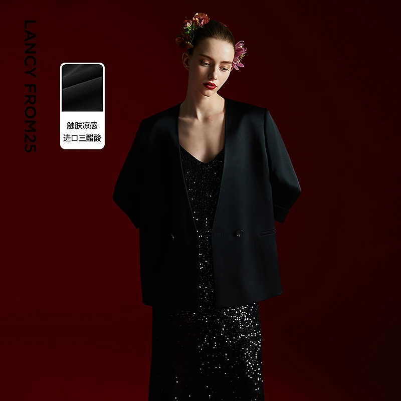 【焦点系列】朗姿三醋酸气质西服外套2025年夏季新款双排扣商务西装