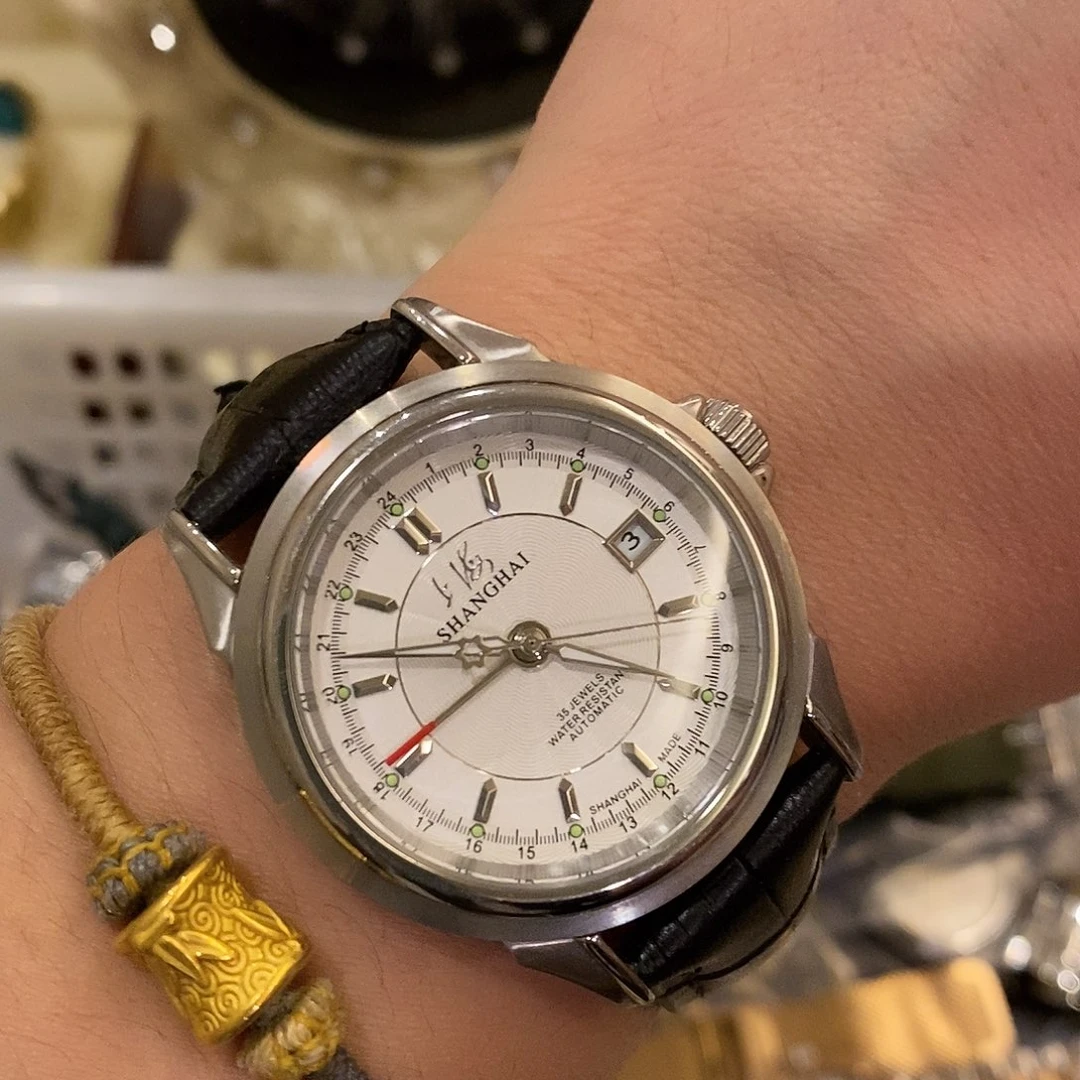 胶带老上海双时区全自动机械表