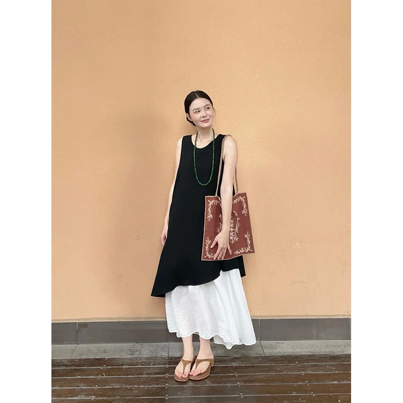 黑色假两件拼接连衣裙女2025夏季新款法式高级感气质显瘦背心长裙