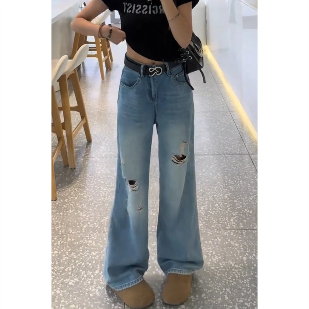 显瘦百搭阔腿裤慵懒风破洞牛仔裤夏季新款高腰设计感美式宽松裤子
