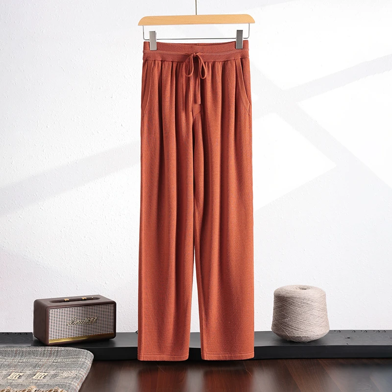 男士100%精纺美丽诺细羊毛休闲裤阔腿裤长裤高腰时尚垂感直筒裤