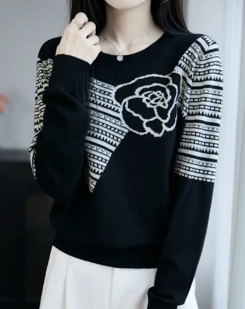 【山茶花】2025初秋新款欧货设计复古提花圆领针织衫女洋气百搭上衣