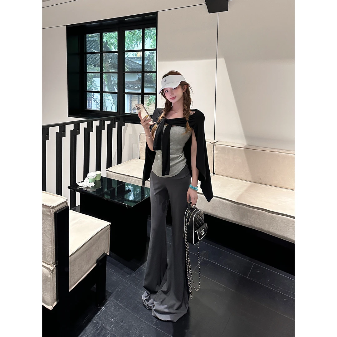 休闲风长袖开衫外套内搭灰色吊带垂感拖地裤女2025秋季新款套装潮