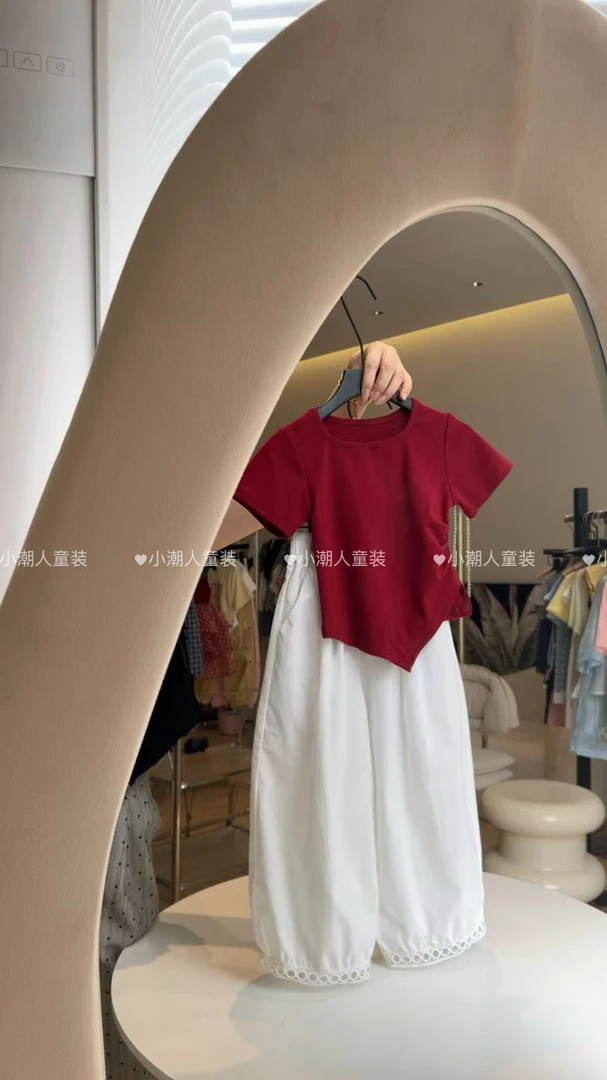 2025夏款女童不规则开衩短袖花边灯笼裤套装