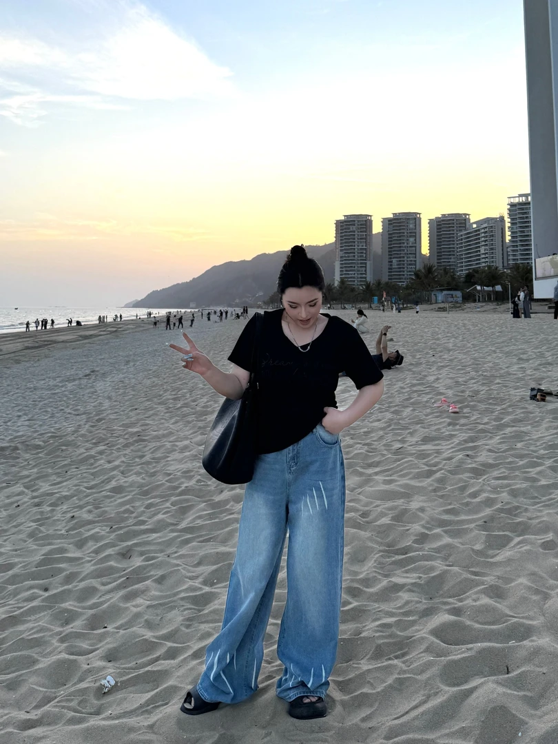 《莎莎定制》美式复古阔腿牛仔裤女秋季设计感高腰垂顺感直筒长裤