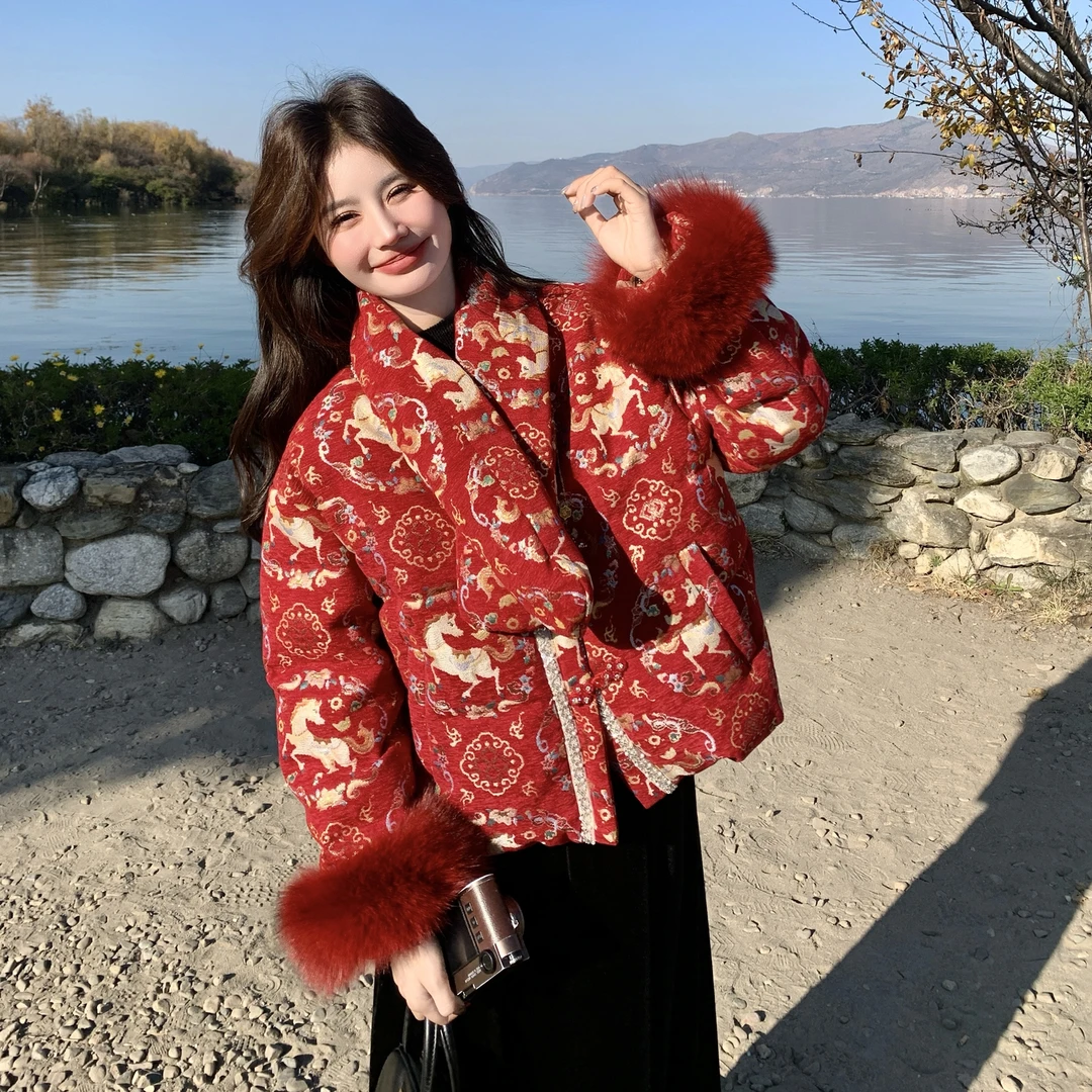 新年战袍红色新中式国风羽绒服女2025年冬季新款加厚90白鸭绒外套