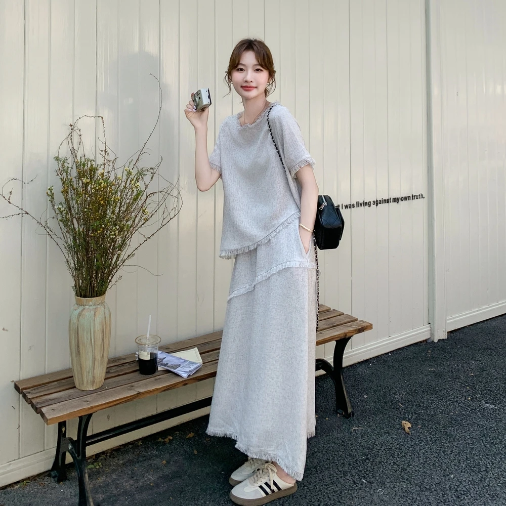 休闲甜美灰色小香风流苏半身裙套装女夏2025新款轻熟风穿搭两件套