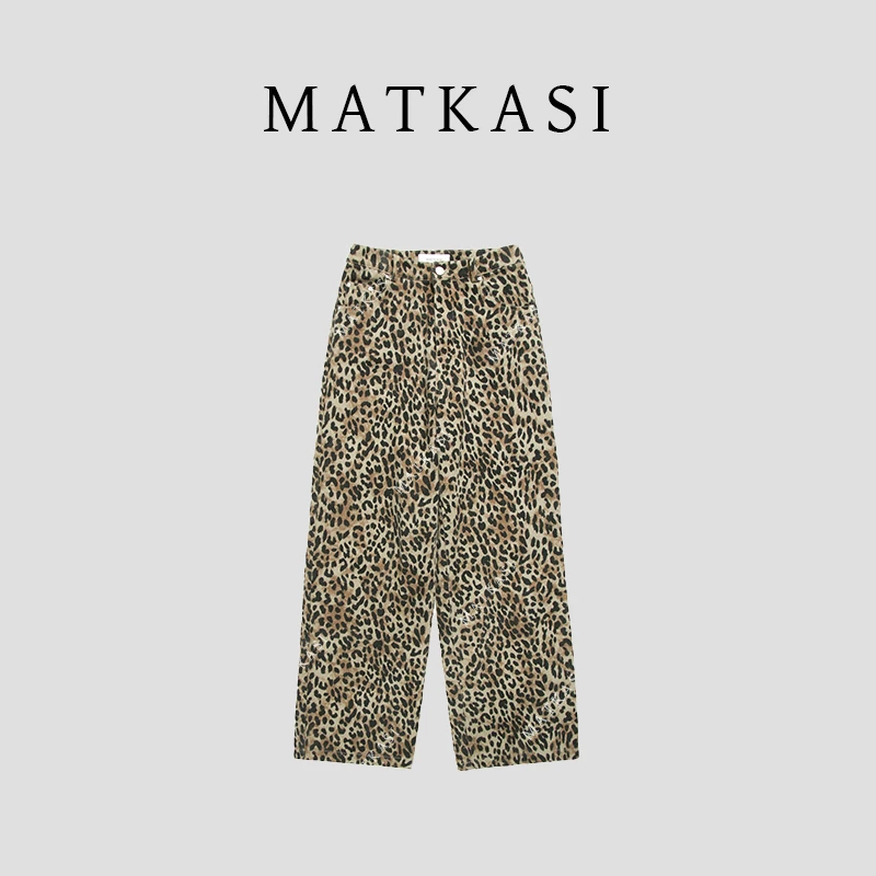 MATKASI 设计感时尚百搭做旧水洗豹纹直筒牛仔裤
