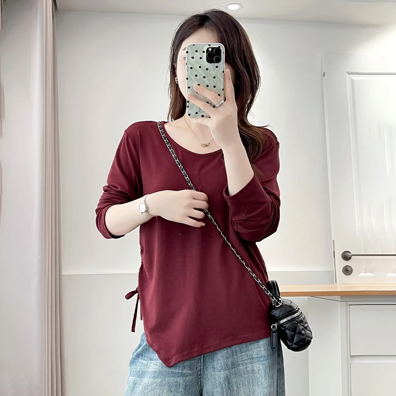 大码女装多巴胺秋季新款打底T恤女长袖显瘦胖mm洋气遮肉百搭上衣