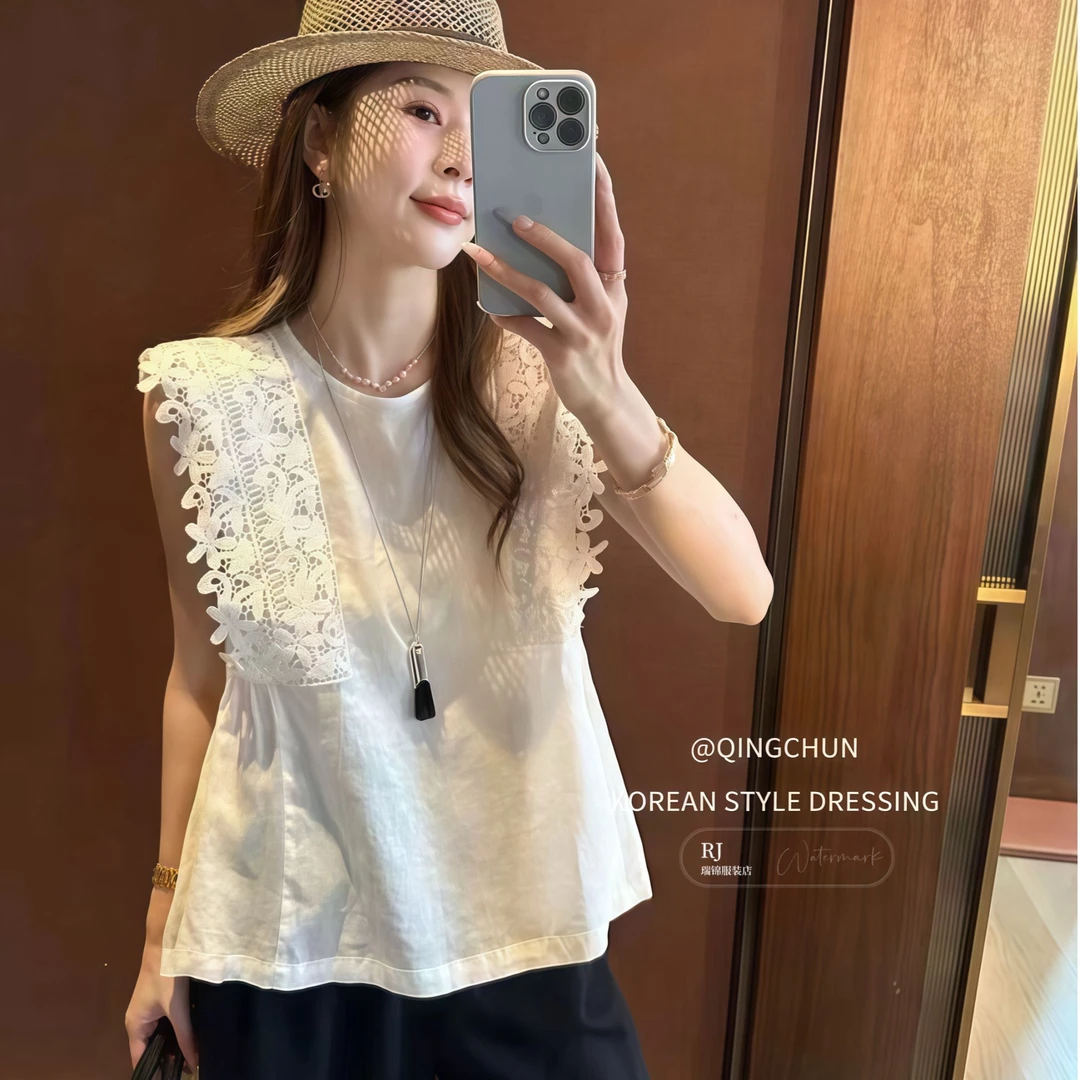 【RJ】夏季时尚百搭宽松显瘦拼接麻料气质衬衫网红洋气清冷系衣服