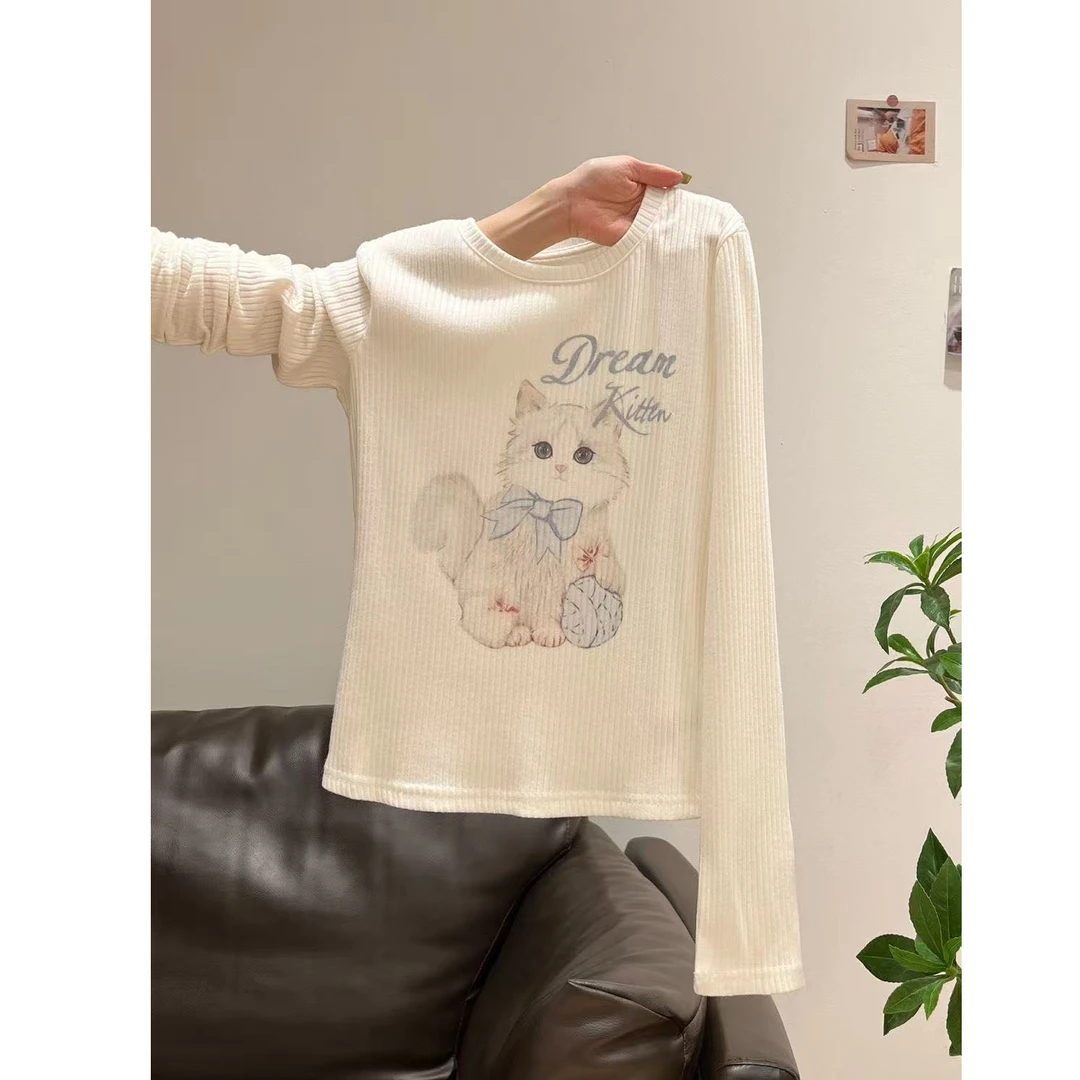 猫咪印花蝴蝶结圆领长袖T恤女秋冬季白色内搭打底衫显瘦上衣