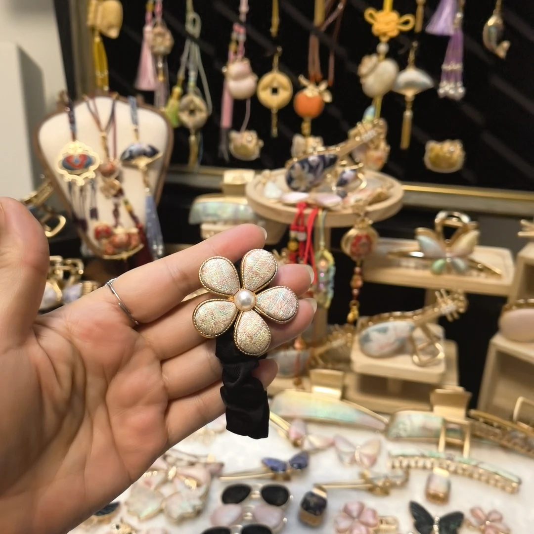 名家宋锦手工制作气质韩版带钻布艺发圈轻奢头绳黑色