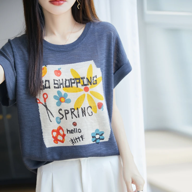 【凉爽透气】夏季新款竹节麻花朵字母印花短袖女洋气减龄设计感上衣