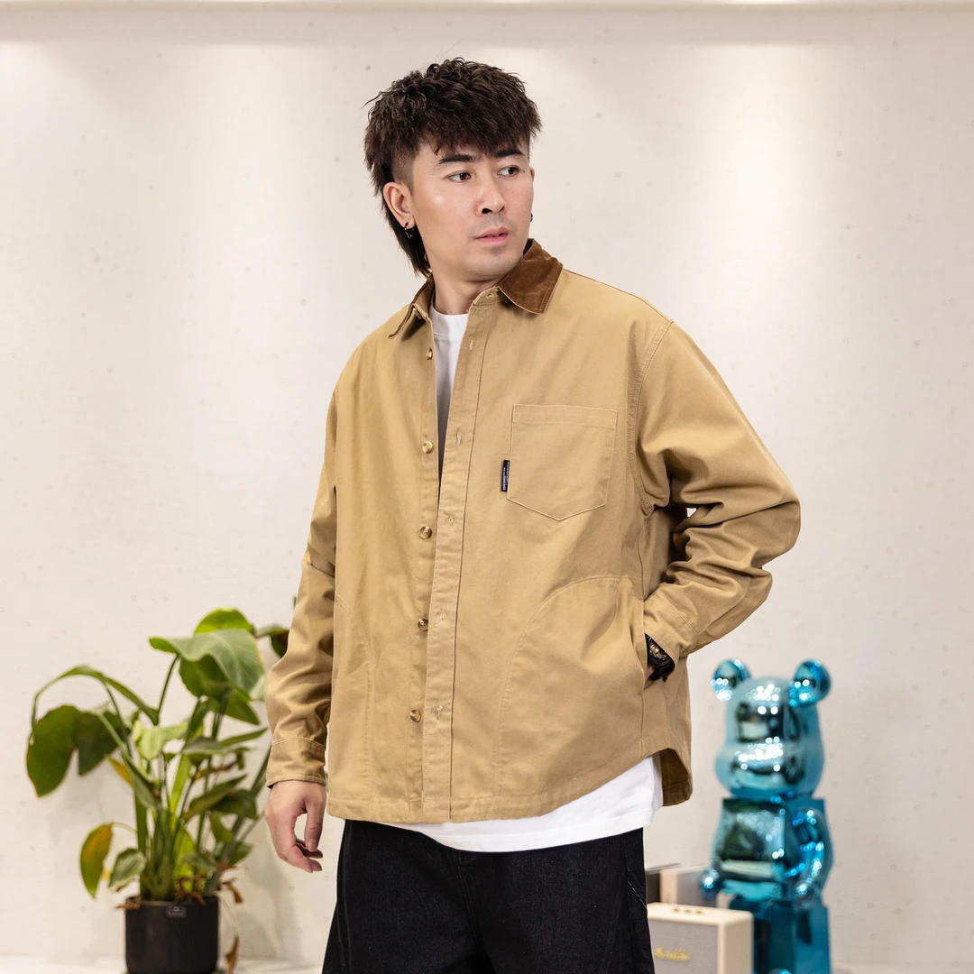 日系复古巴恩风灯芯绒翻领衬衫男士秋季宽松百搭长袖衬衣外套