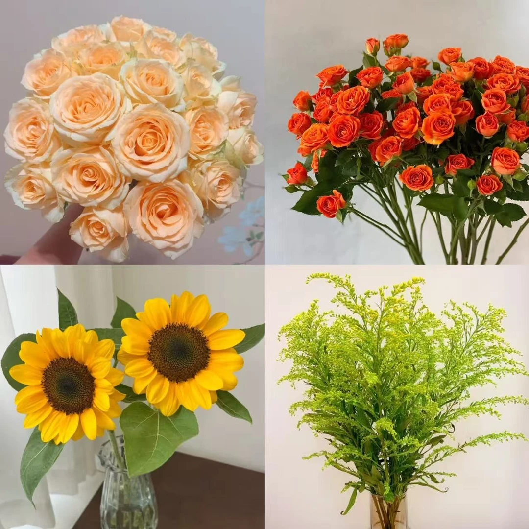 花意【香槟10枝+橙芭比5枝+向日葵2枝+黄莺】2单升冷链3单升顺丰