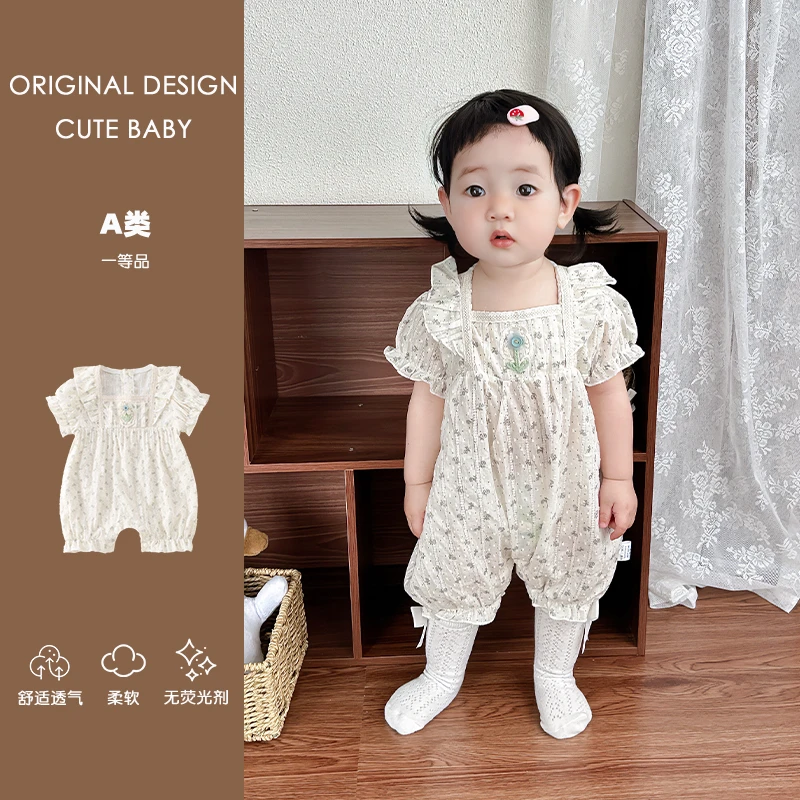 婴儿夏季连体衣女宝宝夏装短袖薄款新生儿哈衣洋气碎花外出爬服
