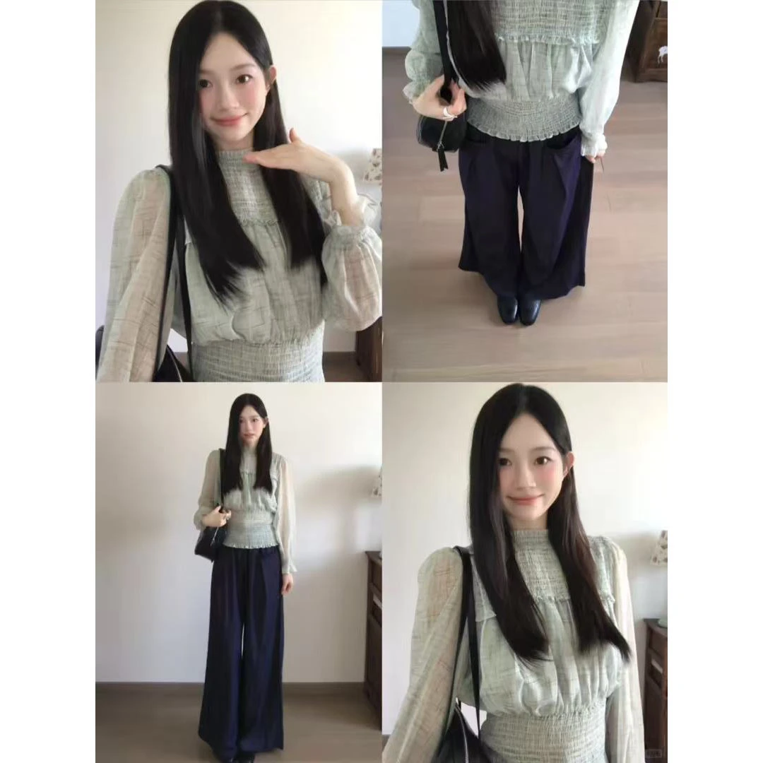 秋季温柔系穿搭女2025新款法式气质通勤简约长袖雪纺衫阔腿裤套装