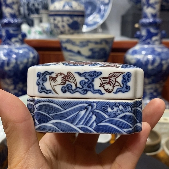 青花釉里红四方盒用****高