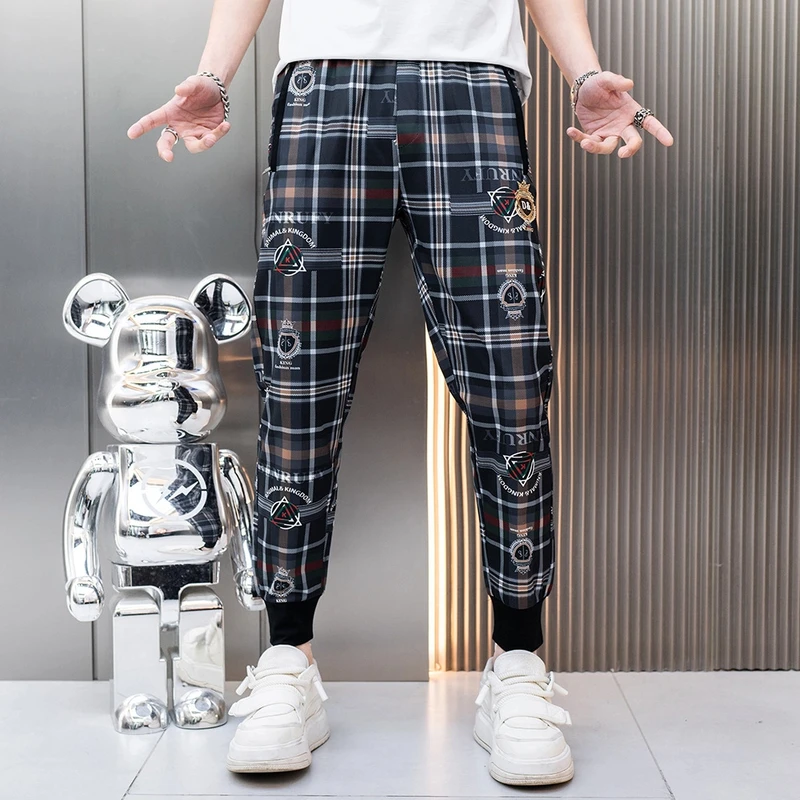 修身印花透气休闲裤潮流运动百搭裤子束脚裤网红长款薄款男裤夏季