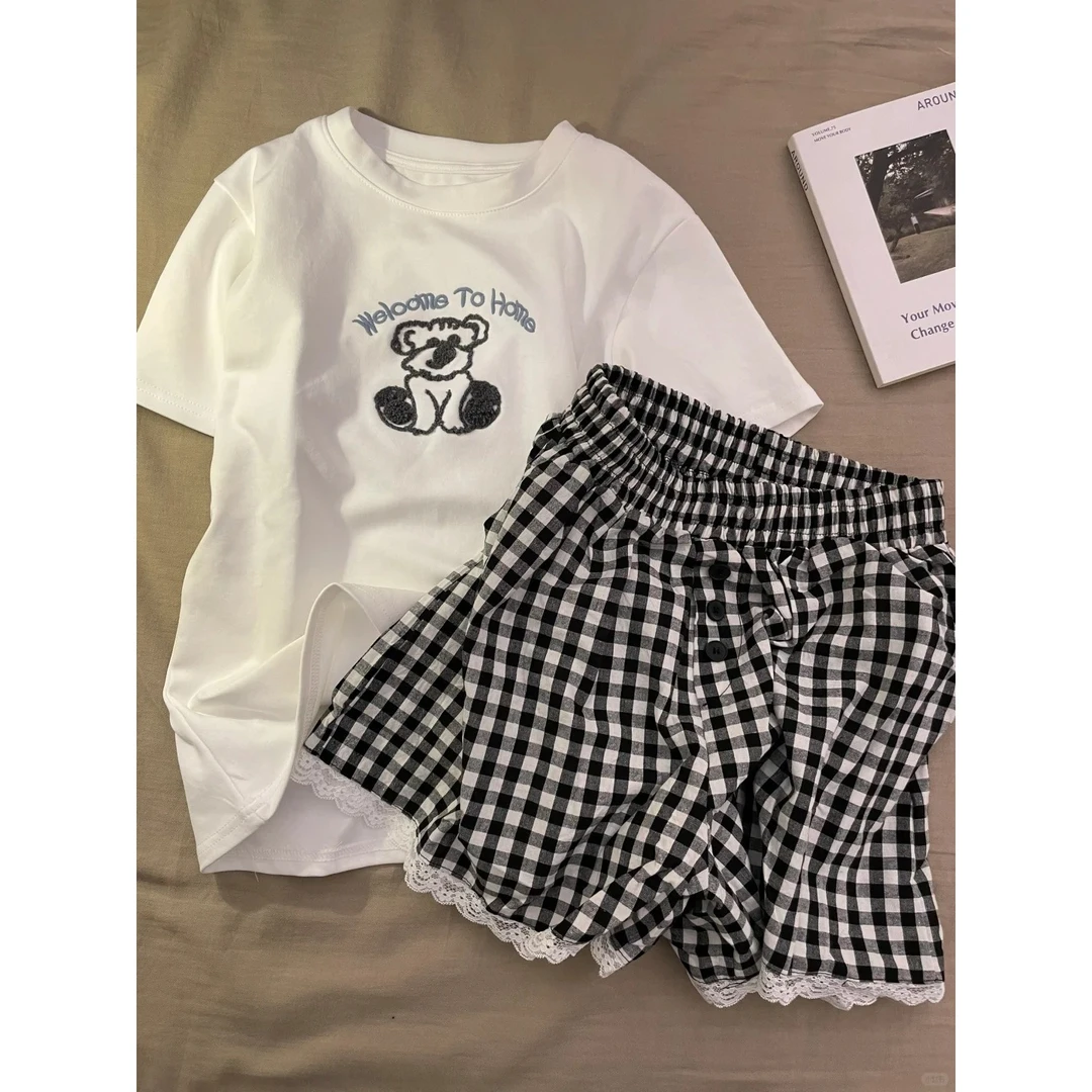 【小狗印花】ins韩版短袖T恤睡衣女夏季新款格子短裤家居服套装外穿