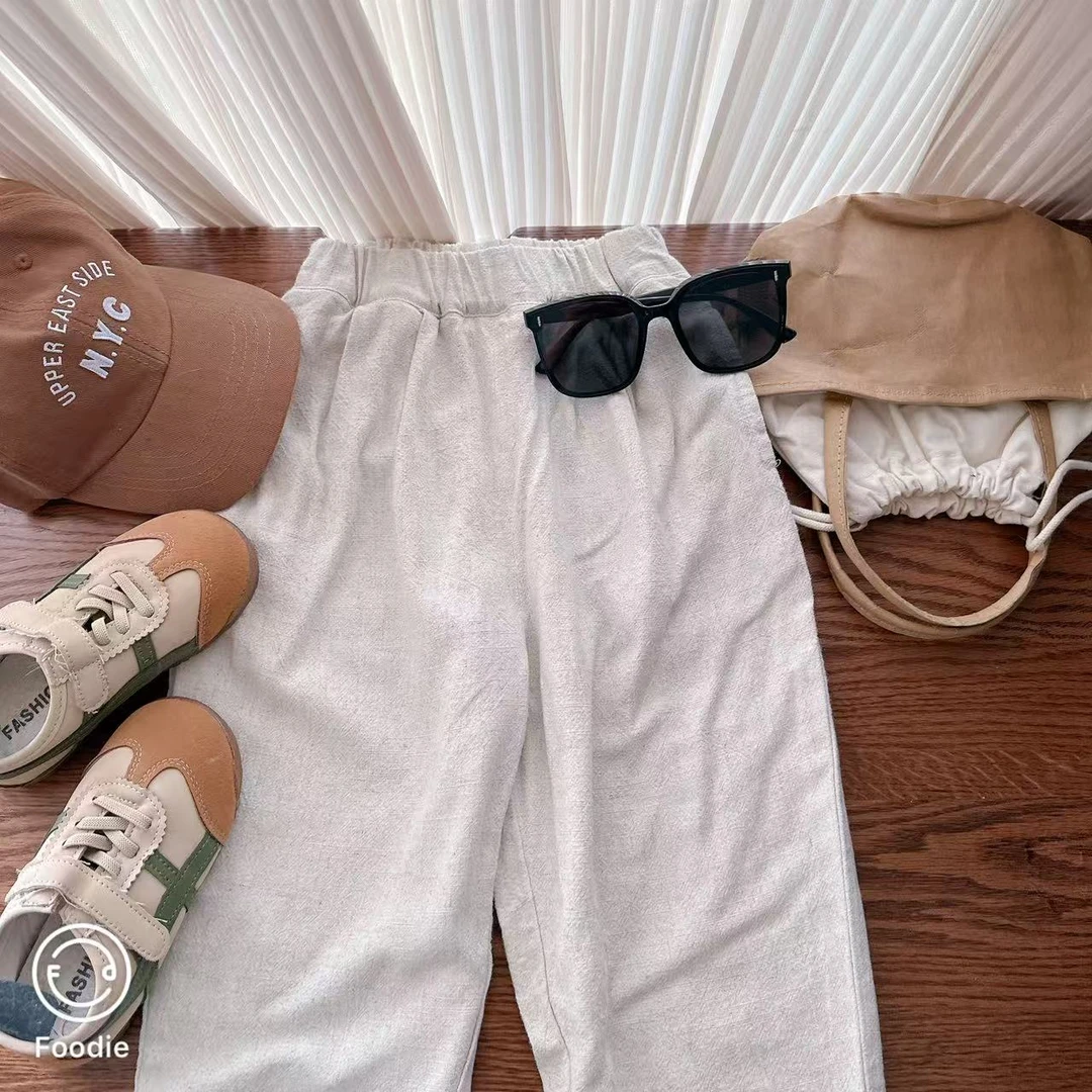 【JMJQ 25665】夏季中小童薄款舒适休闲花纱混纺亚麻垂感透气长裤