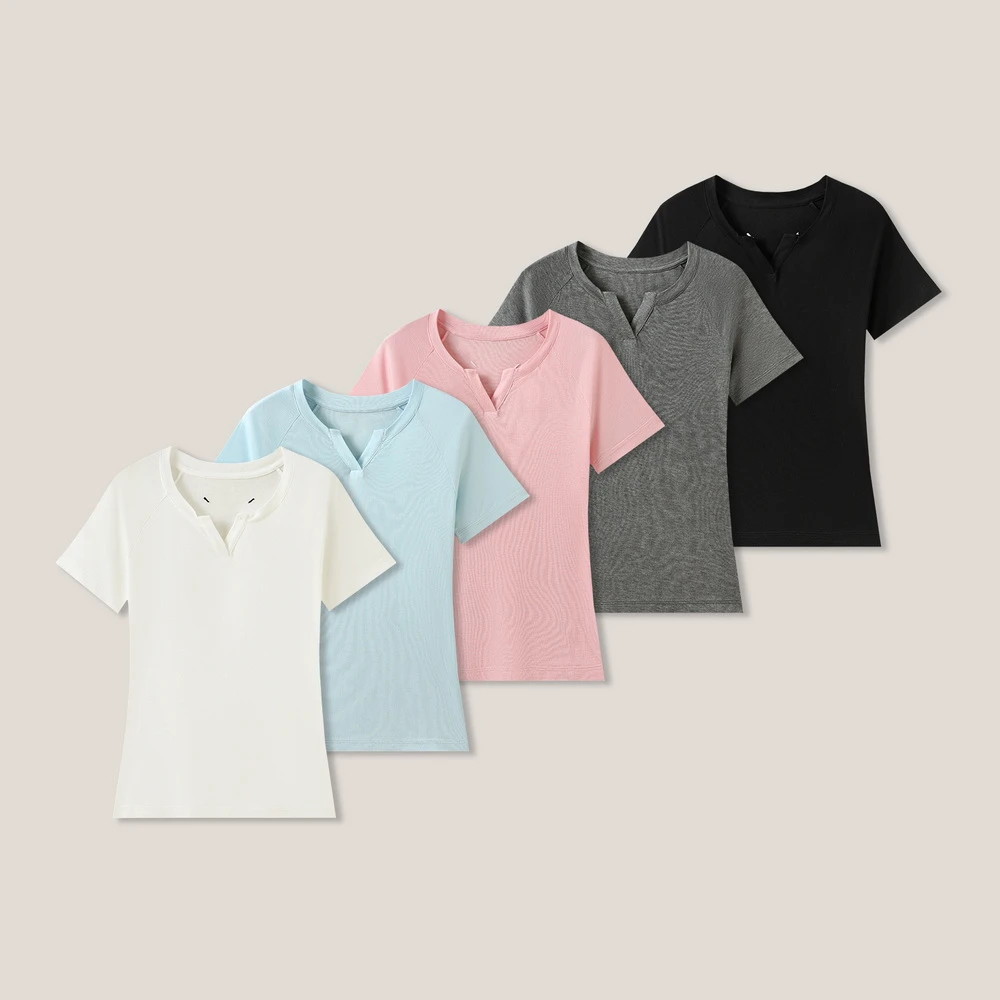 kw 女式时尚气质纯色V领简约修身短袖T恤SS26174