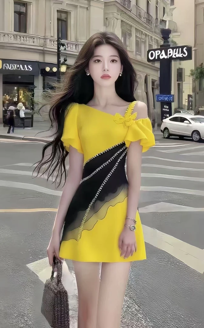 法式温柔甜美风时尚高端大气氛围感黄色斜领短袖收腰拼接连衣裙女