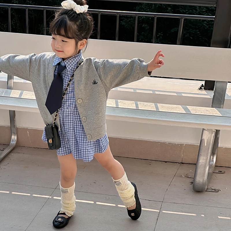 【橘子家】现货~女童格子衬衫裙高档开衫春款外套学院风裙子HS61082