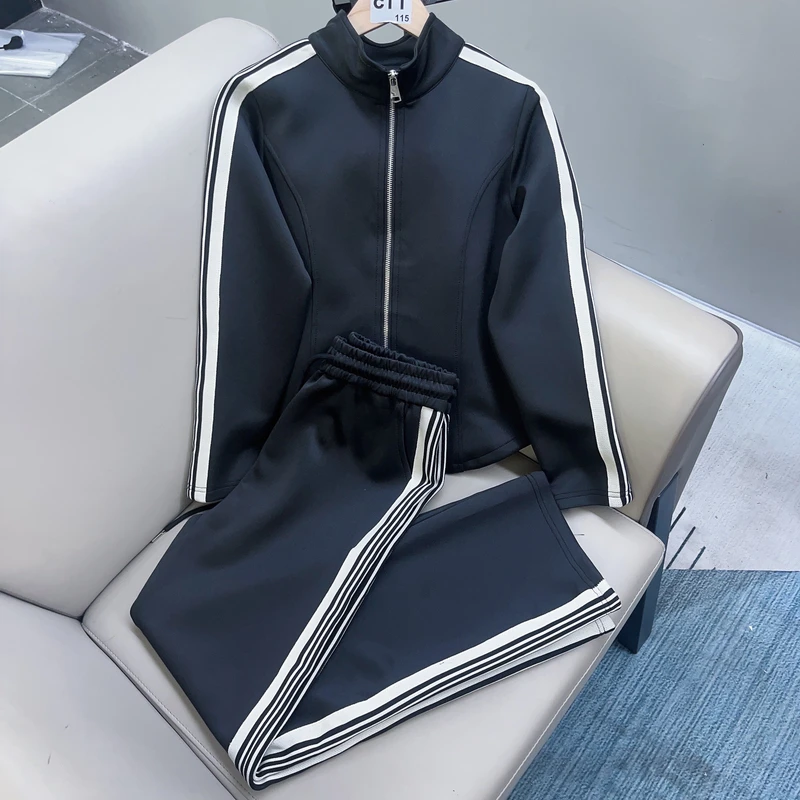 661#A 深圳南油原创春秋网红休闲条纹立领秋季套装