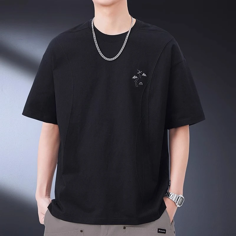 黑色重磅短袖t恤男潮牌痞帅高级感半袖宽松圆领简约百搭休闲体恤