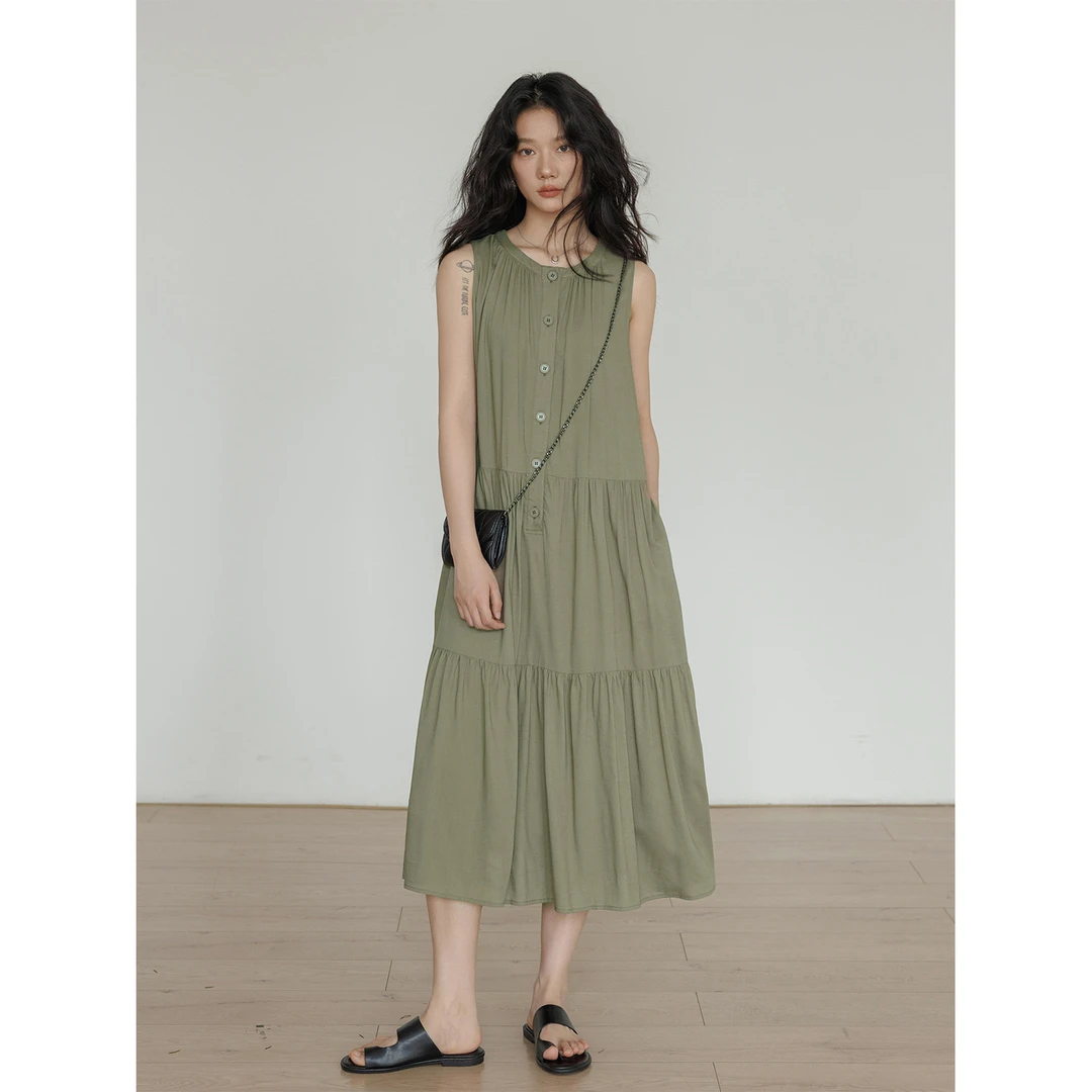 vastand维尚 夏季多巴胺无袖气质连衣裙亚麻纯色显瘦小众洋气裙子