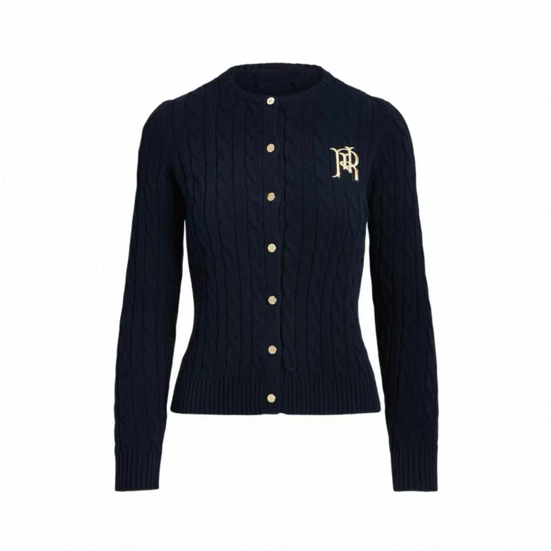 高级感休闲时尚拉夫金色密针刺绣醋酸羊毛麻花针织开衫AW25134