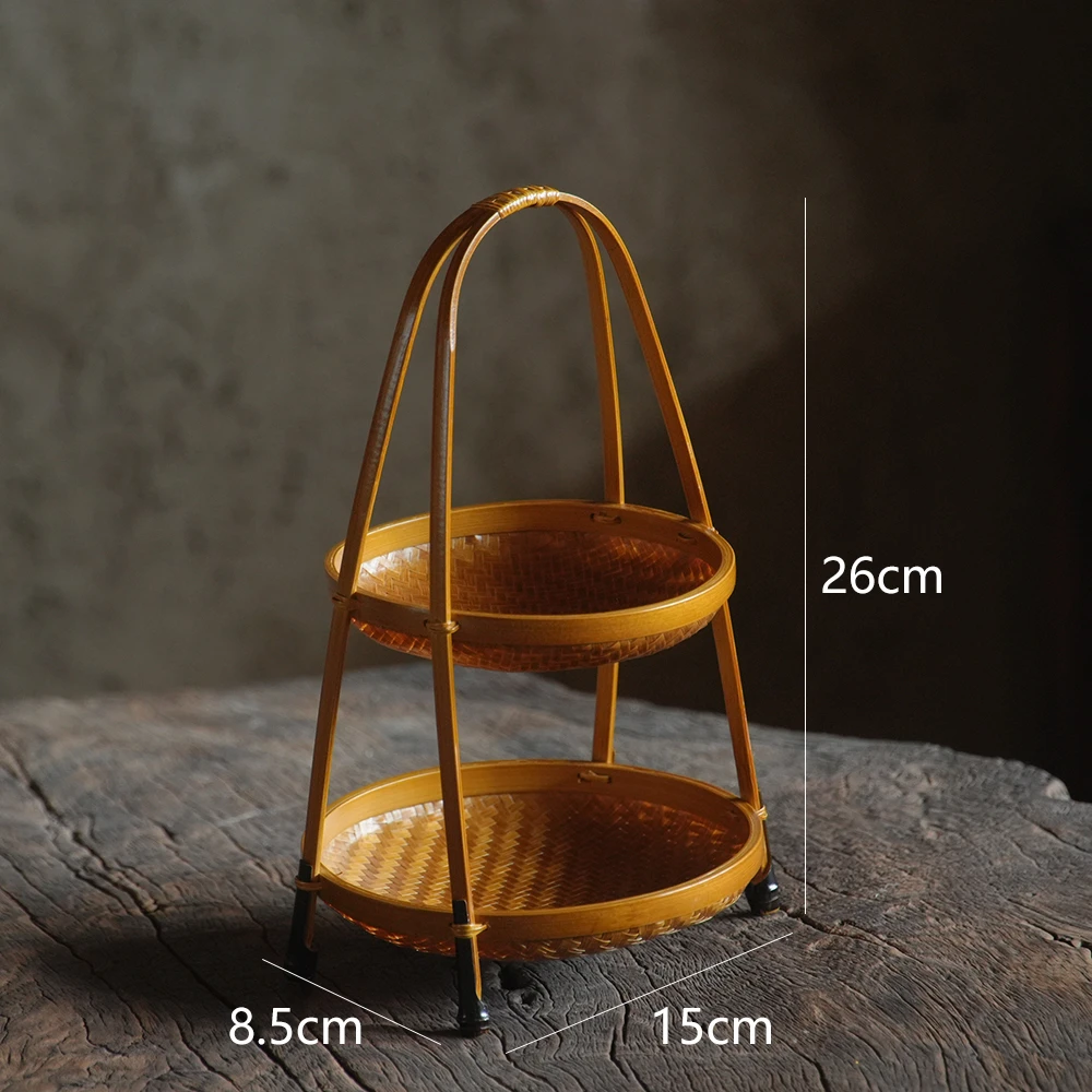 手工竹编双层手提果盘茶点糕点干果收纳盘非遗编织点心篮小九果盘