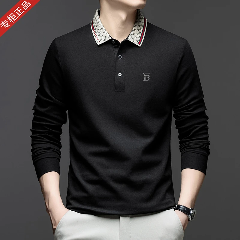 秋季新款正品英伦轻奢长袖T恤POLO衫男商务休闲纯棉翻领宽松上衣