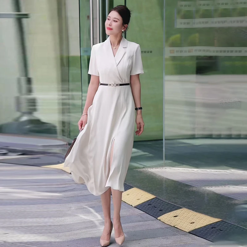 女神范小众连衣裙常规中腰显瘦米白色短袖夏季拉链优雅气质Q8030