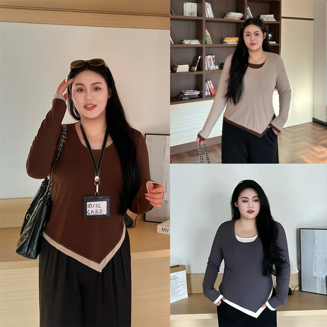 大码女装秋季花契200斤胖mm不规则开叉修身假两件打底衫15553-F