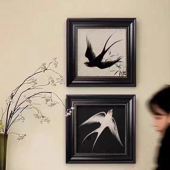 210竹影燕舞法式中国风客厅装饰画中古组合玄关挂画艺术小众4040