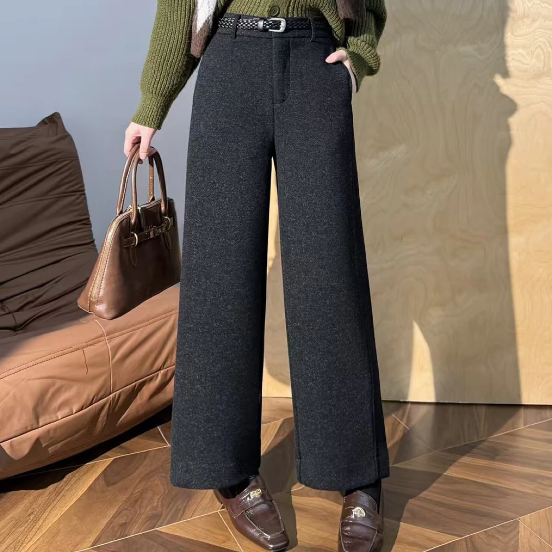 冬季新款加厚加绒羊毛直筒裤女高腰显瘦时尚洋气百搭80106