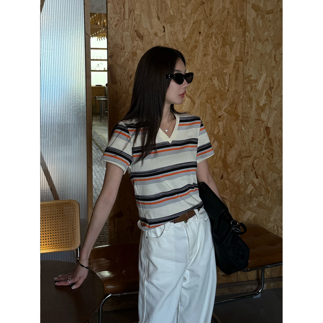 【斯莱戈】“99进口棉”亲肤显瘦设计感拼色条纹V领短袖T恤21390