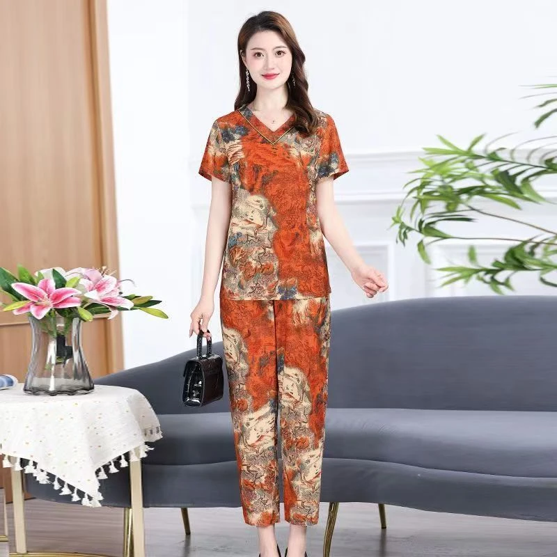 9010-夏季女士短袖舒适套装休闲薄款透气V领一套（A仓）