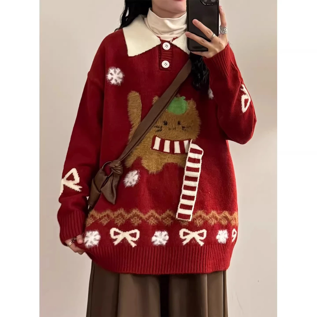 可爱围巾小狗撞色翻领毛衣女秋冬慵懒风圣诞节穿搭软糯针织衫上衣