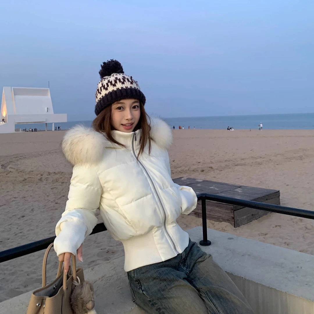 小海鸥短款棉服女2025冬装新款大毛领收腰显瘦绒内胆连帽潮流外套