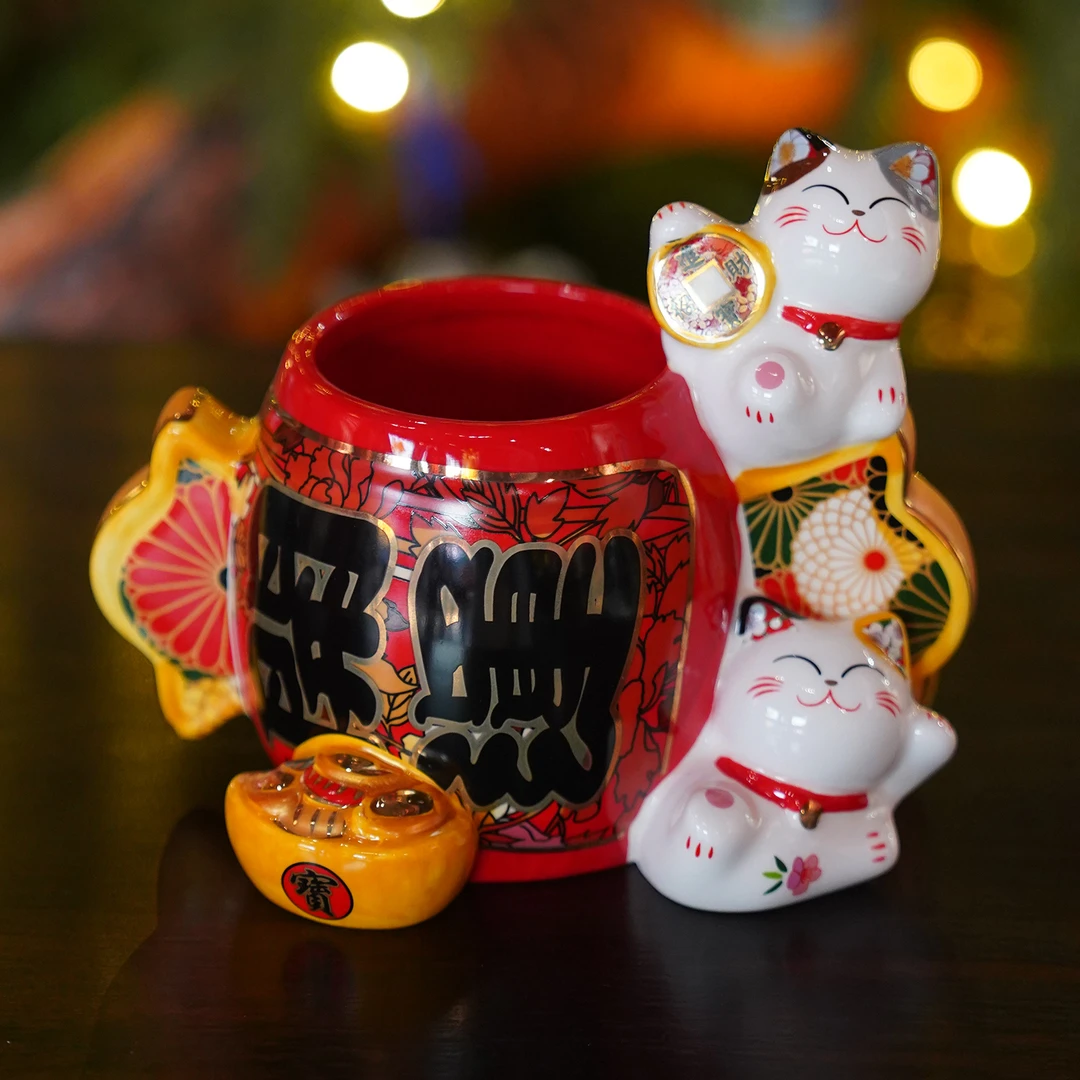 【本尼家】DH93招财猫开运笔筒开业店铺桌面书房客厅装饰玄关摆件