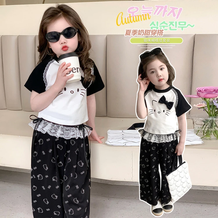 女童韩系猫咪短袖夏款套装儿童洋气衣服2025新款宝宝两件套夏装潮