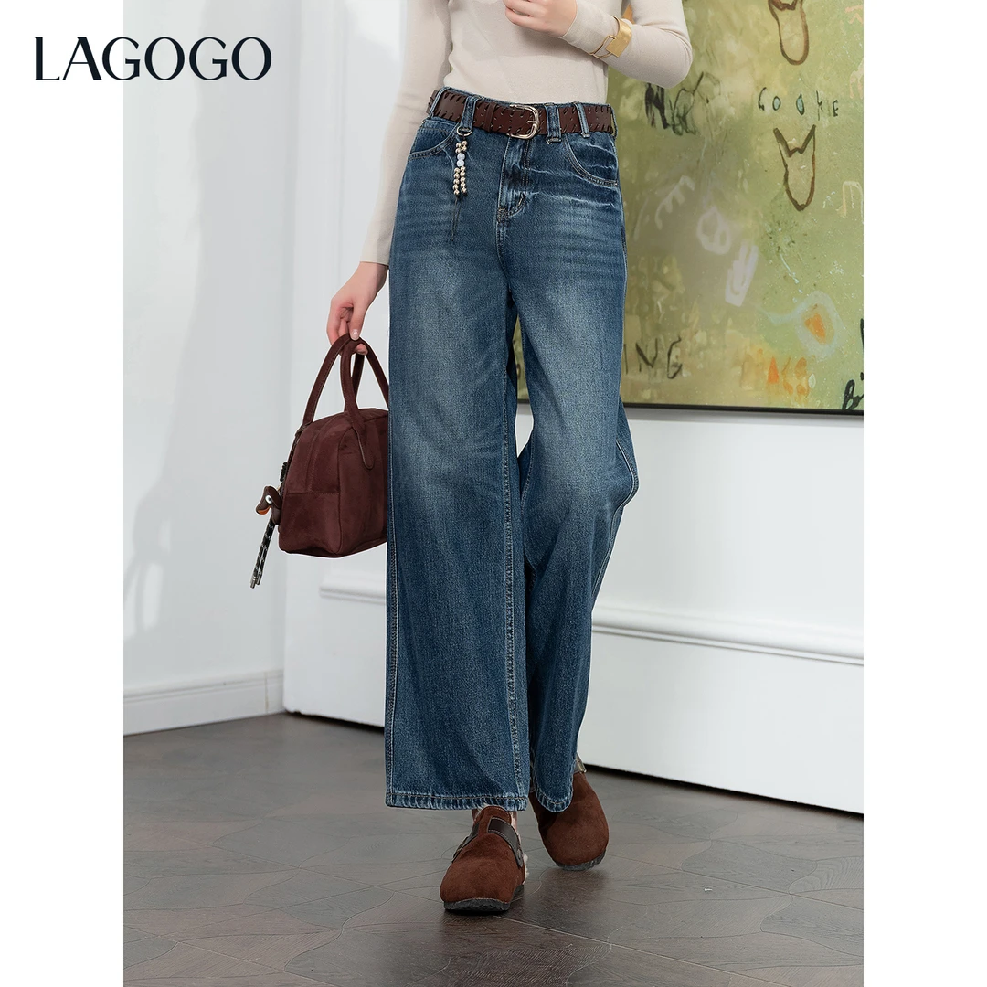 【时初专属】lagogo拉谷谷新款高腰显瘦复古通勤牛仔裤女OCNN538WP3