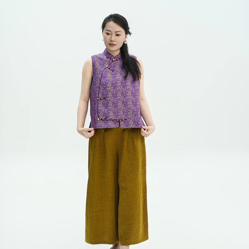 上久楷四重围金银共织色织宋锦蔓草菱龙立领斜襟五福扣马甲87004