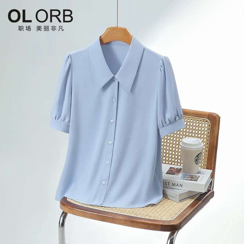 蓝色短袖衬衫女2025夏季法式气质雪纺衫上衣面试职业正装通勤衬衣