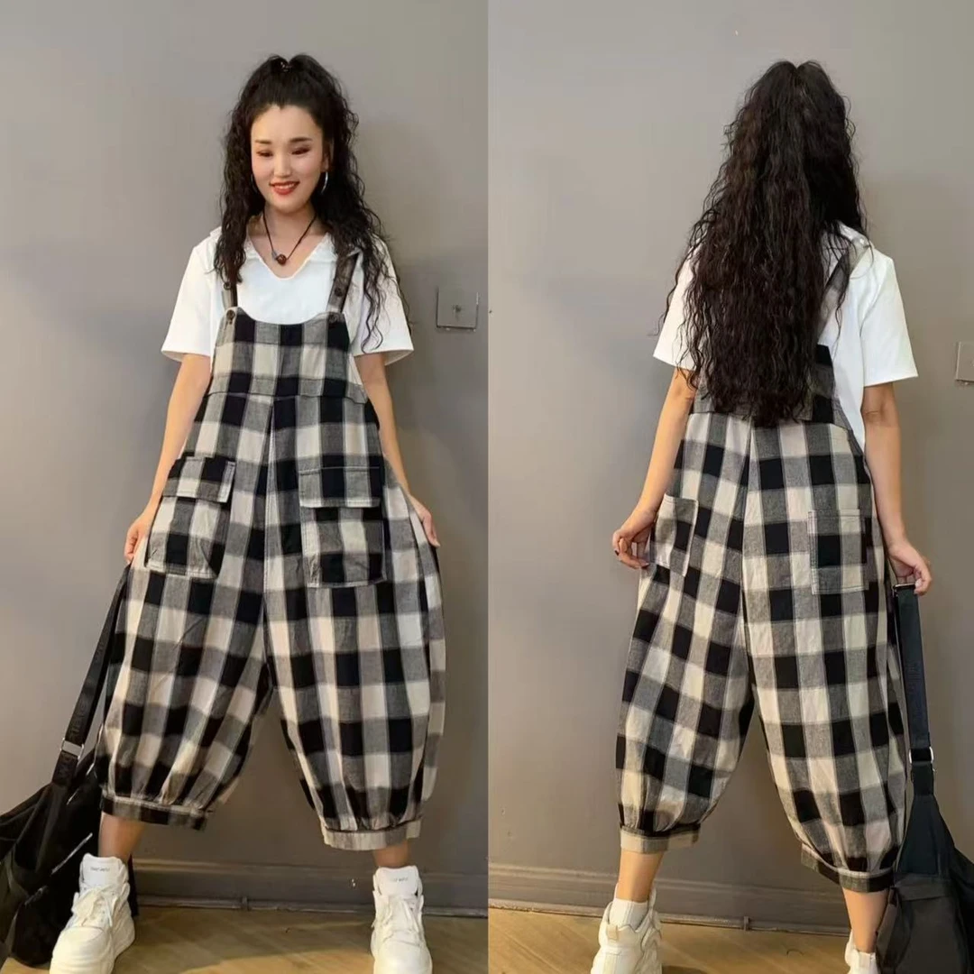 呱唧【大格子】夏季款薄料泡泡棉灯笼阔腿中长款背带裤